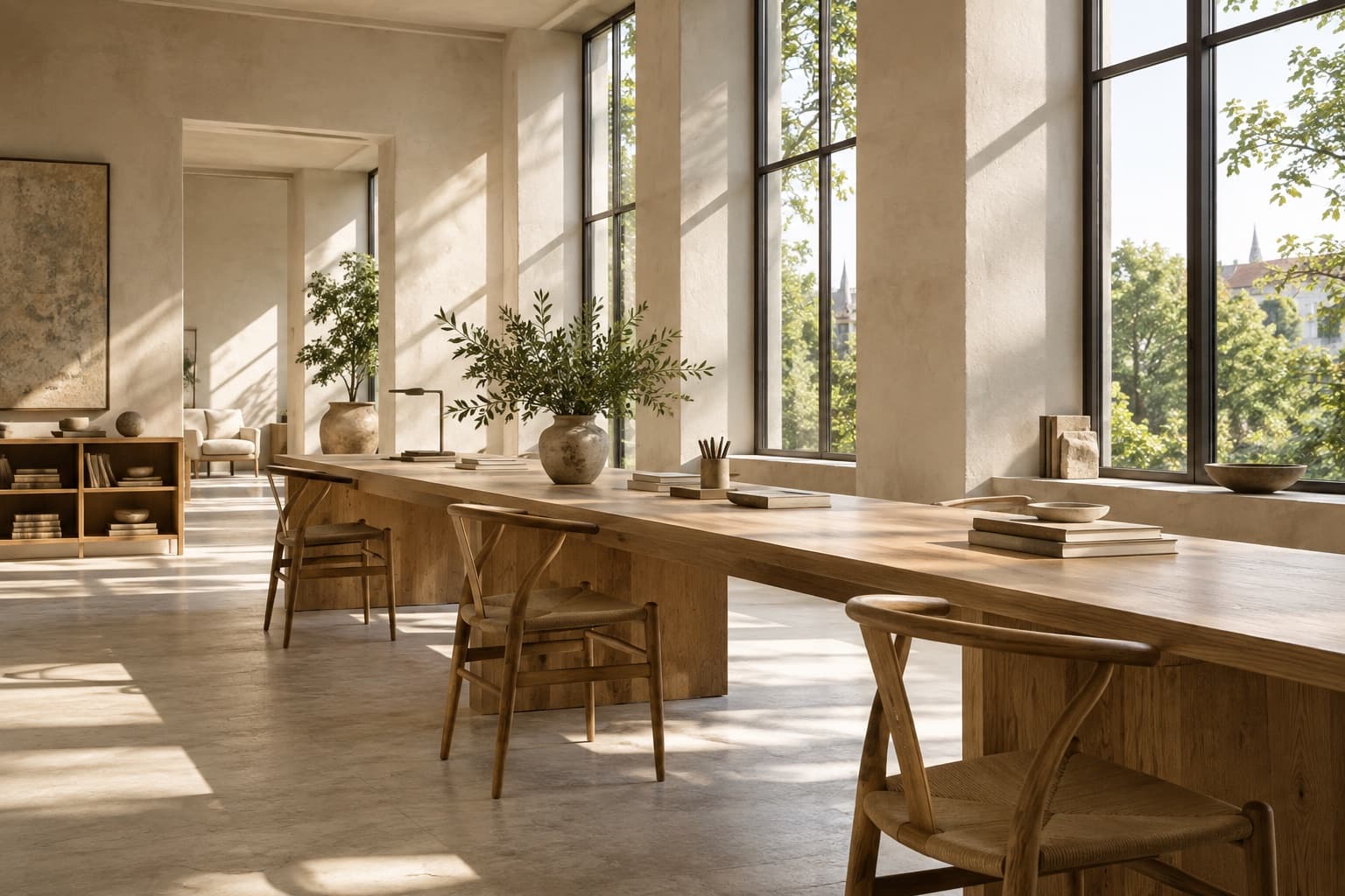 An imagined sunlit workspace with an oak desk and windows facing trees. AI-generated editorial illustration, not ARTIFI’s office.